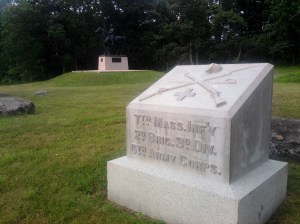 The monument of the 7th Massachusetts with the statue of VI Corps commander Gen. John Sedgwick in the background.