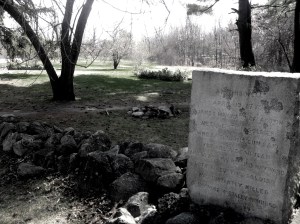 The site where James Hayward allegedly received his mortal wound. The remains of the well are at center, the foundation of the house from which the redcoat emerged are at far left in the background.
